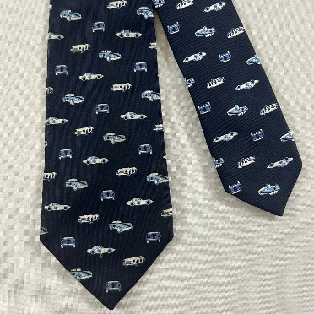 Banana Republic Necktie Mens Navy Blue Silk Vintage Sports Car Print Tie 62x3